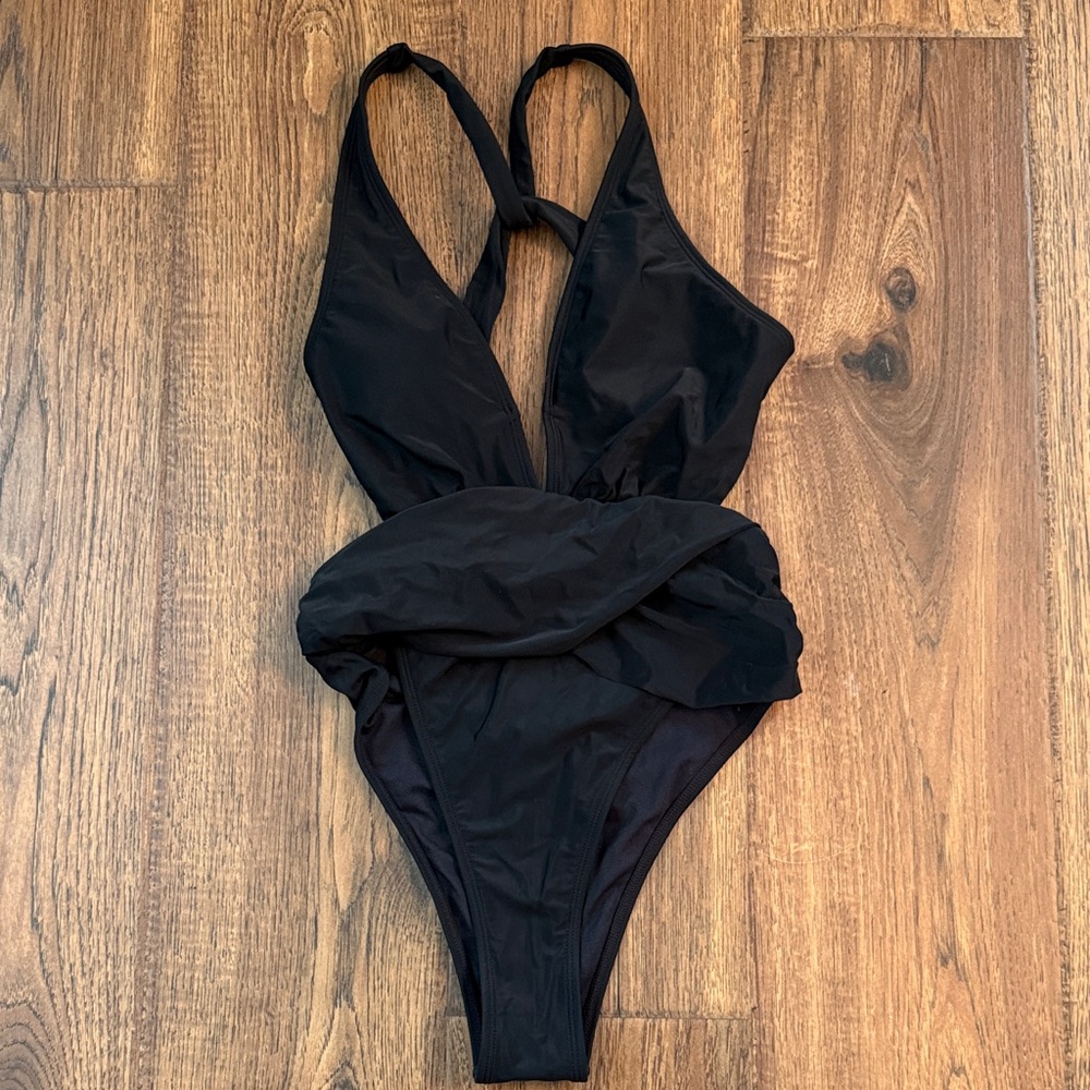 Black Deep V Cheeky High Waisted Ruffle Women's one Piece Swimsuit